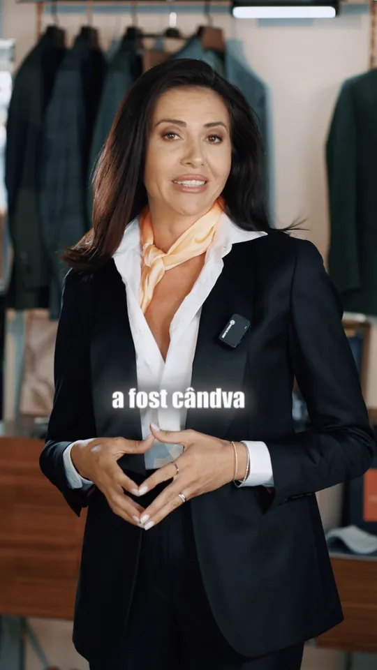 Reel cu o prezentatoare într-un showroom cu sacouri expuse
